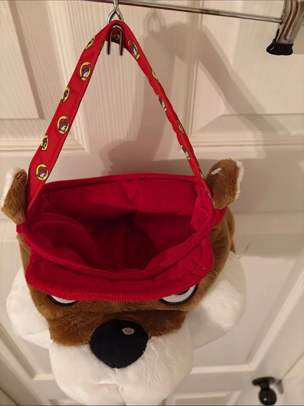 Kids Plush Buc-ee’s Animal bucket- Brown & White with Red Handle. 6” x 12”